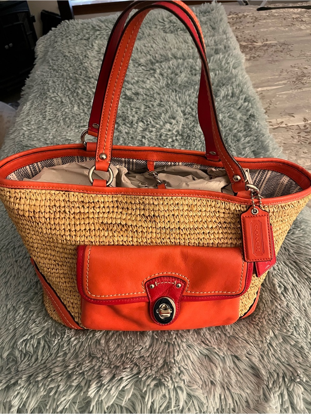 Coach Straw/ Leather Legacy Resort Tote Trendy Orange/ Red Leather Trim NEW